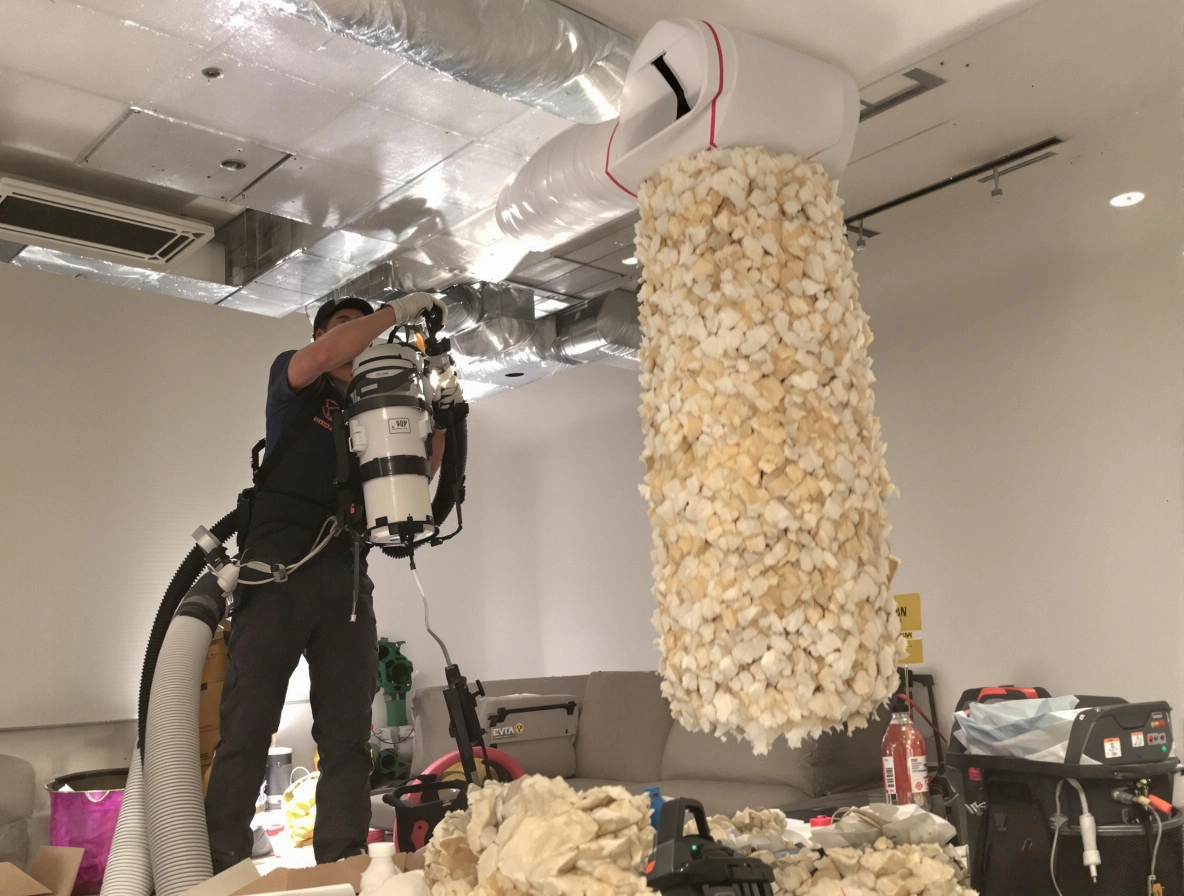 Mount Pleasant Air Duct Cleaning technician performing precision vacuum insulation removal in a residential property in Mount Pleasant